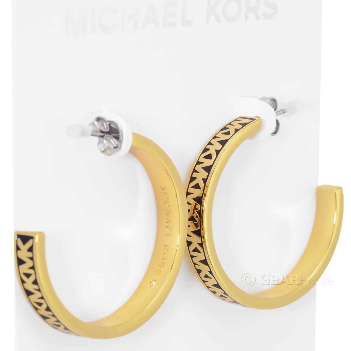 Michael Kors Womens C Hoop Gold Brass Earrings w/ Black Enamel MK Logo