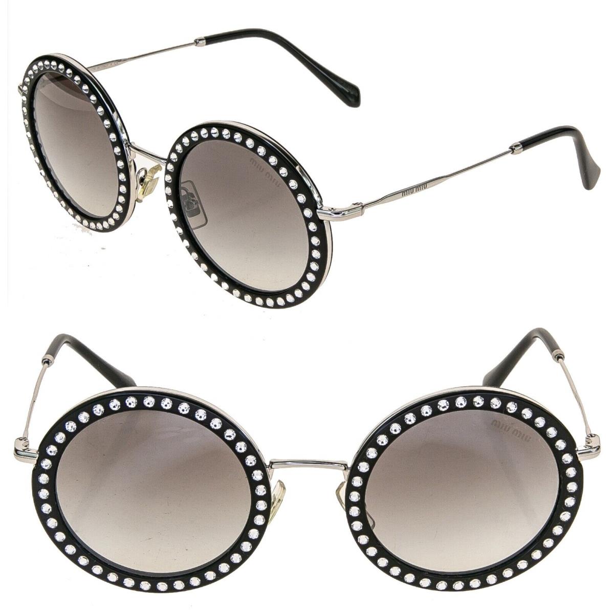 Miu Miu Delice 59U Black Silver Crystal Stud Retro Round Metal Sunglasses MU59US