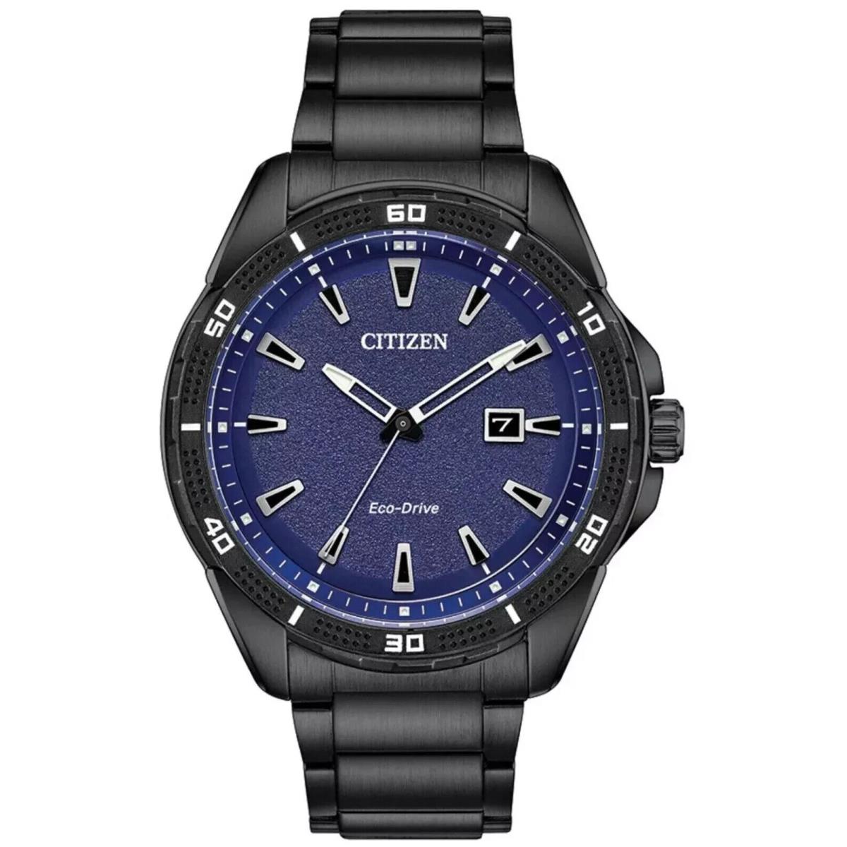 Citizen Eco-drive Men`s Blue Calendar Dial Black Bracelet Watch 45MM AW1585-55L