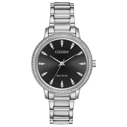 Citizen FE7040-53E Silhouette Eco-drive Crystal Accented Black Dial Ladies Watch - Dial: Black, Band: Silver, Bezel: Silver