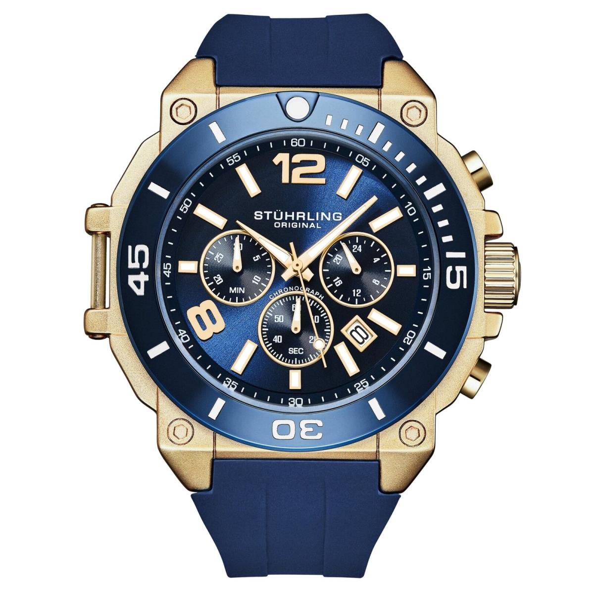 Stuhrling 4054 3 Quartz Chronograph Date Blue Silicone Strap Mens Watch