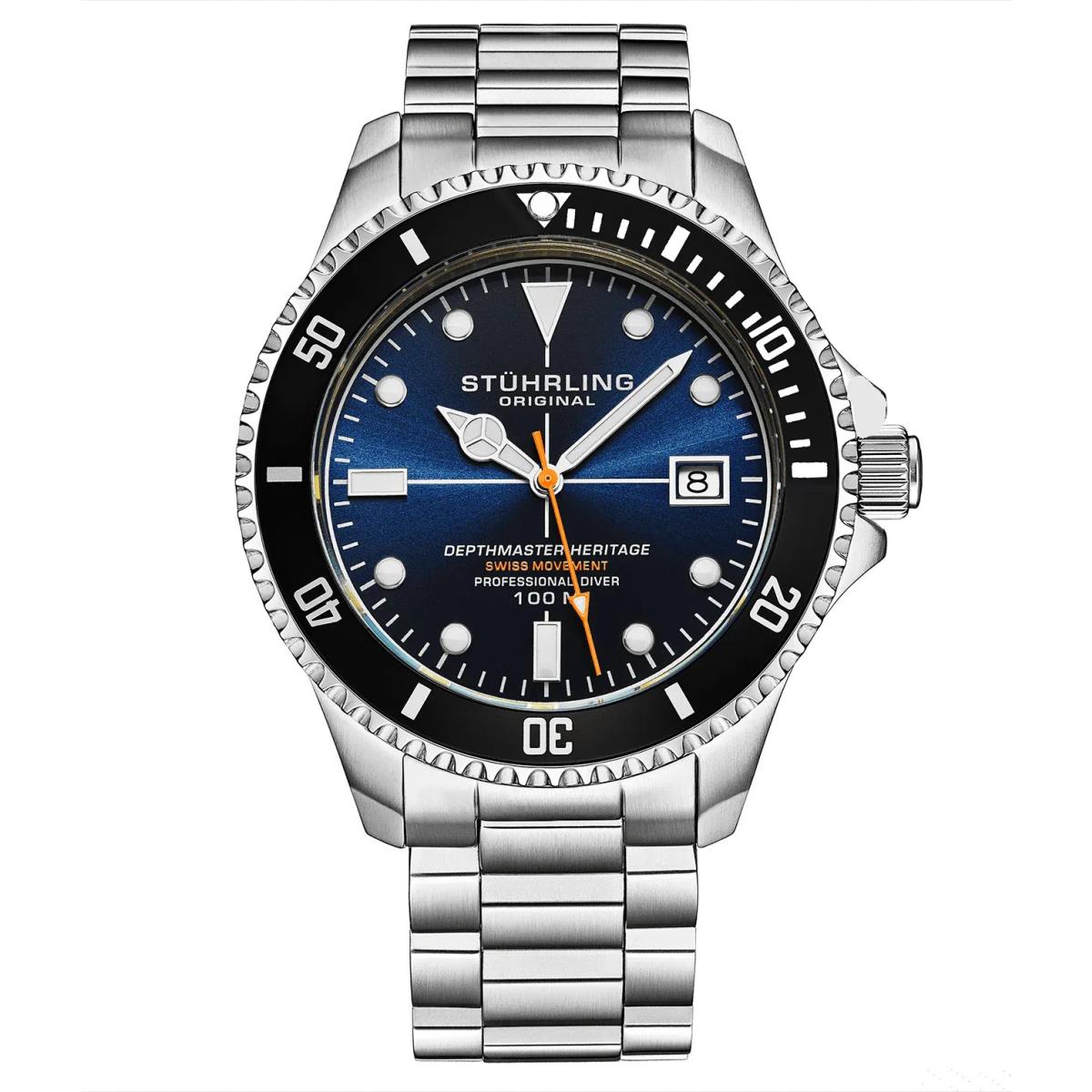 Stuhrling 4058 2 Depthmaster Heritage Diver Date Blue Dial Date Mens Watch