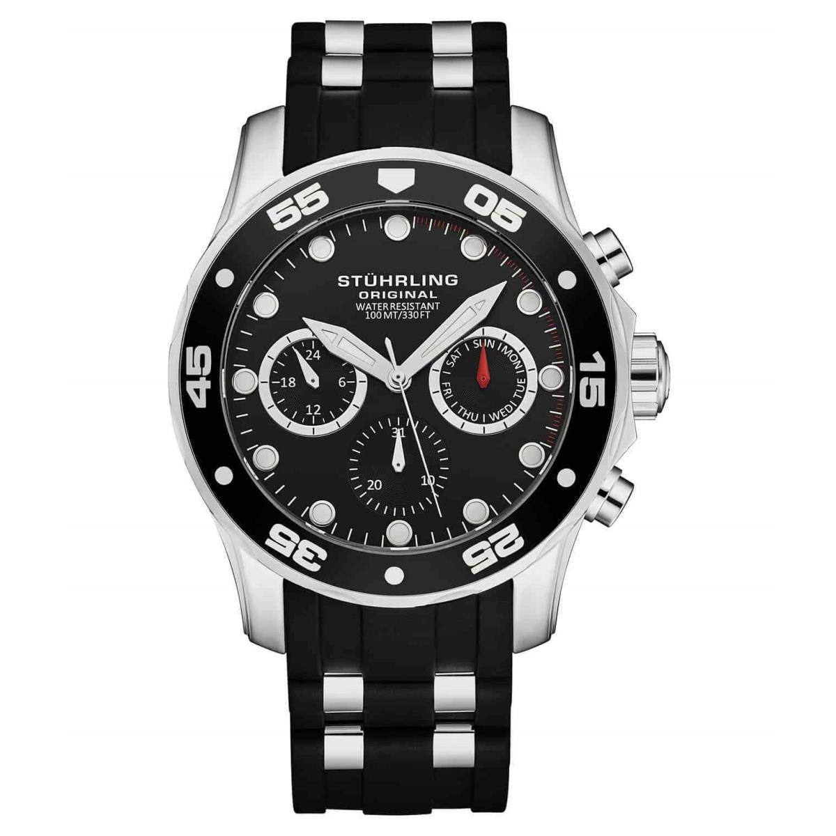 Stuhrling 4059 1 Quartz Chronograph Date Black Silicone Strap Mens Watch