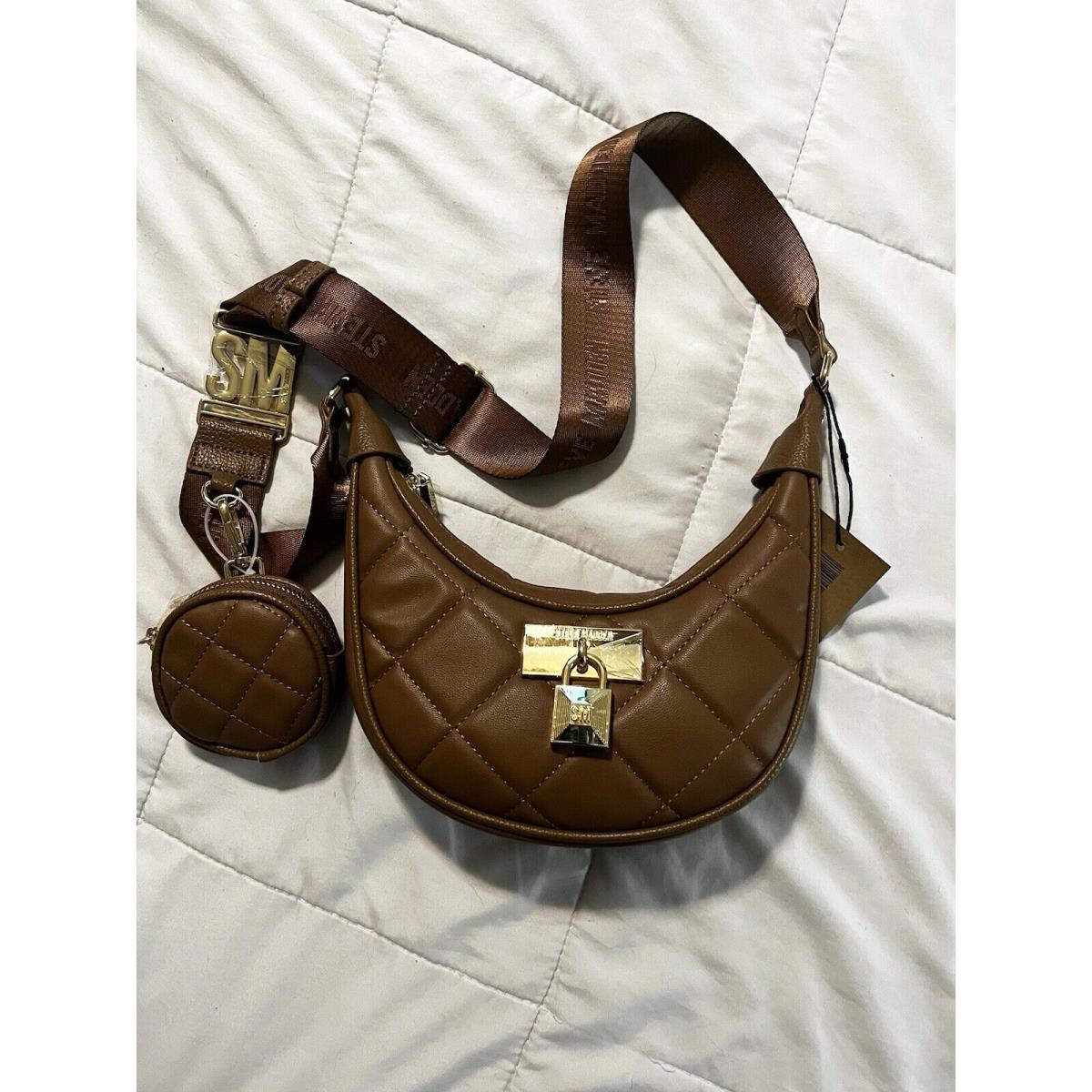 Steve Madden Crossbody Purse Caramel Brown Diamond Quilted Bag Gold Lock