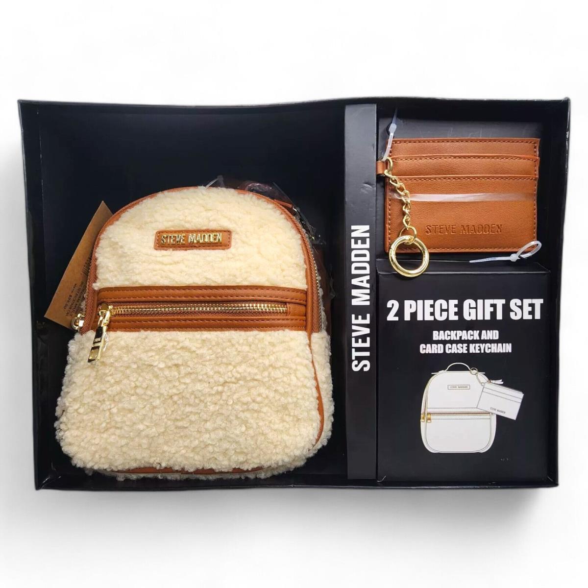 Steve Madden 2 Pc Gift Set Cream Sherpa Mini Backpack Card Case Key Cha