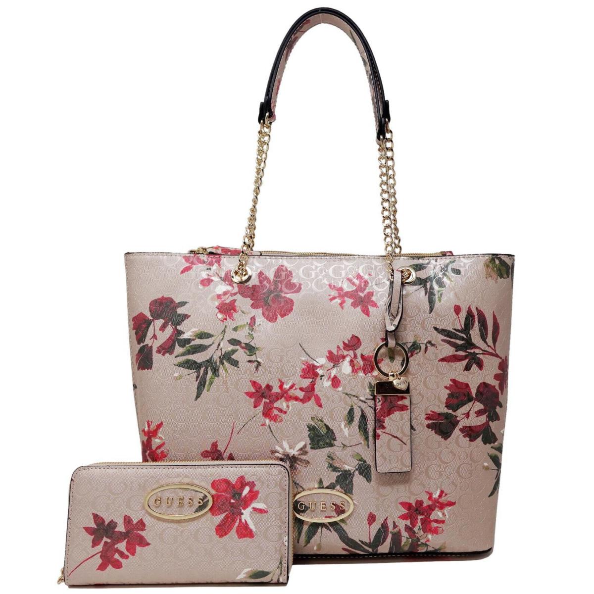 Guess Womens Logo Debossed Floral Large Tote Bag Handbag Wallet Set