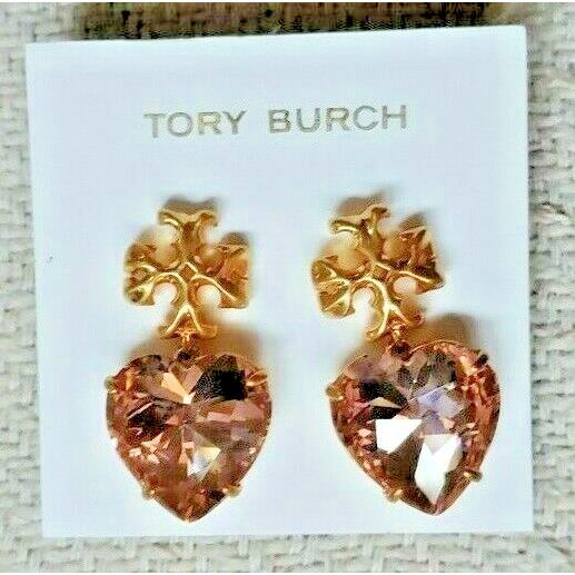 Tory Burch Carved Kira Big Heart Drop Earrings Gold/pale Pink