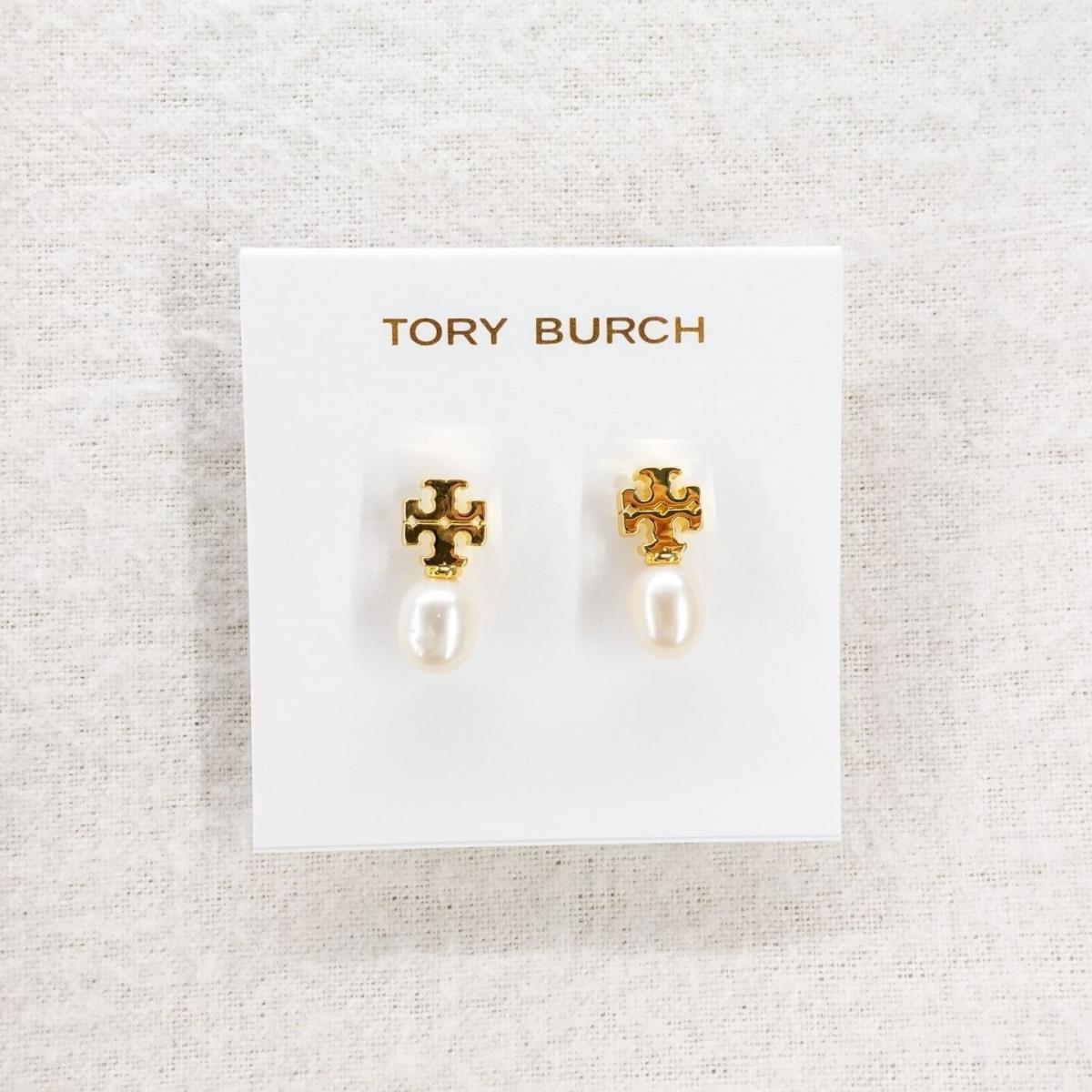 Tory Burch Pearl Logo Drop Earrings Ivory Gold OS