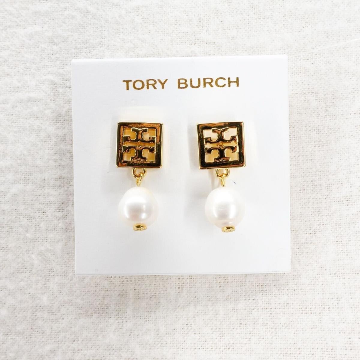 Tory Burch Square Logo Pearl Drop Earrings Gold OS