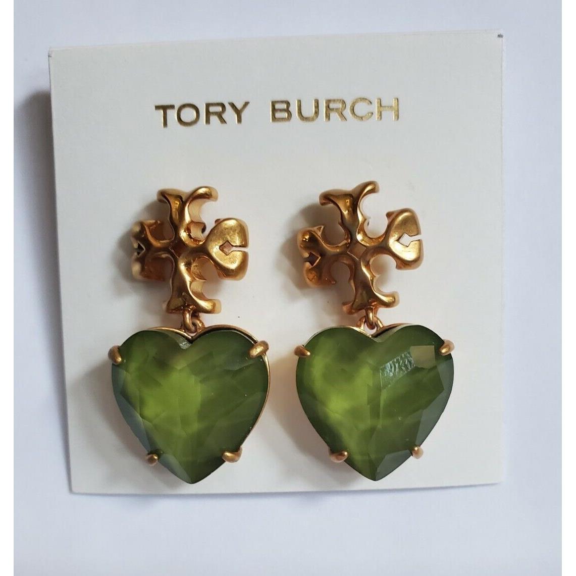 Tory Burch Roxanne Big XL Heart Earrings Rolled Brass Olive Green