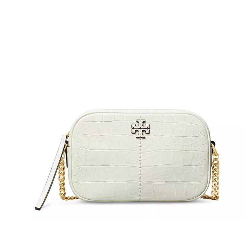 Tory Burch Mcgraw Croc Embossed Leather Small Crossbody Camera Bag - White