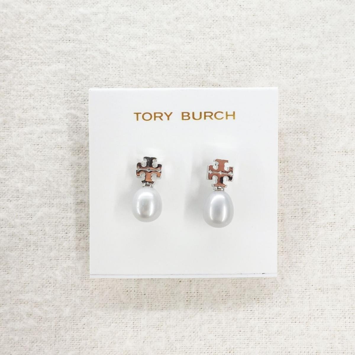 Tory Burch Pearl Logo Drop Earrings Silver OS