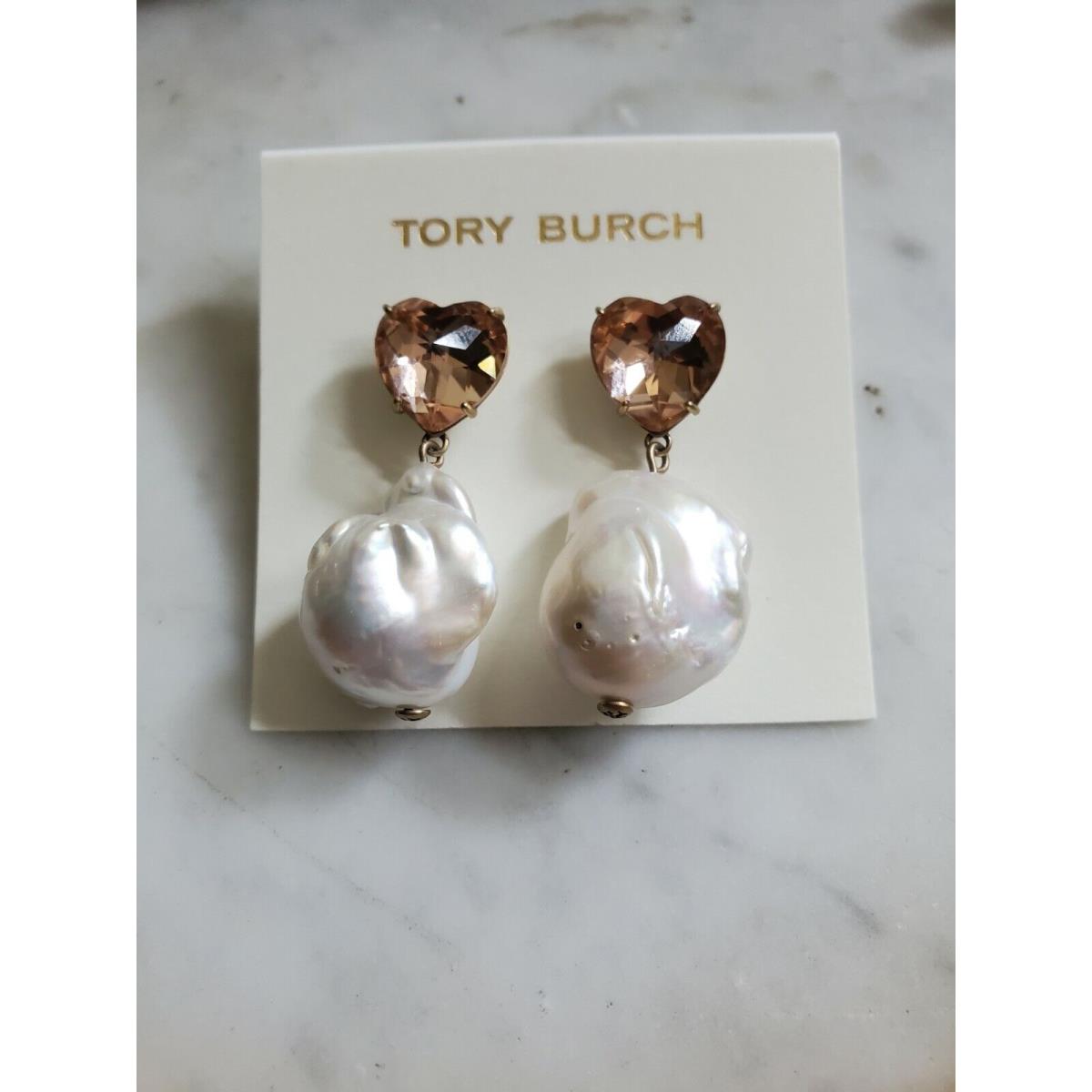 Tory Burch Crystal Heart Pearl Drop Earrings Pink