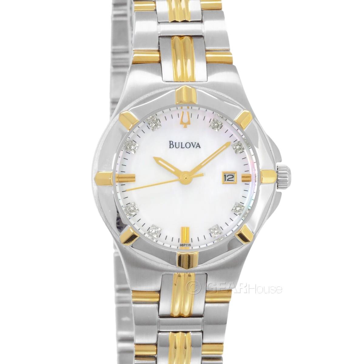 Bulova Womens Dress Watch w/ Diamonds White Mop Dial Two Tone Gold Silver Band