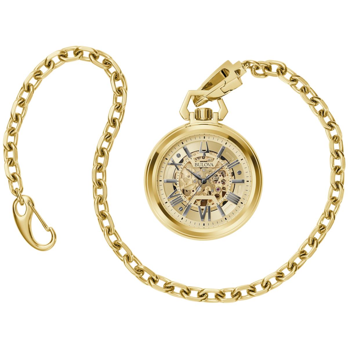 Bulova Sutton Gold Tone Automatic Pocket Mens Watch with Chain 97A178 - Dial: Gold, Band: Gold