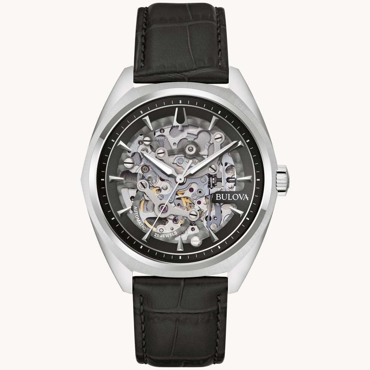 Bulova Surveyor Automatic Skeleton Black Leather Men`s 41mm Watch 96A310