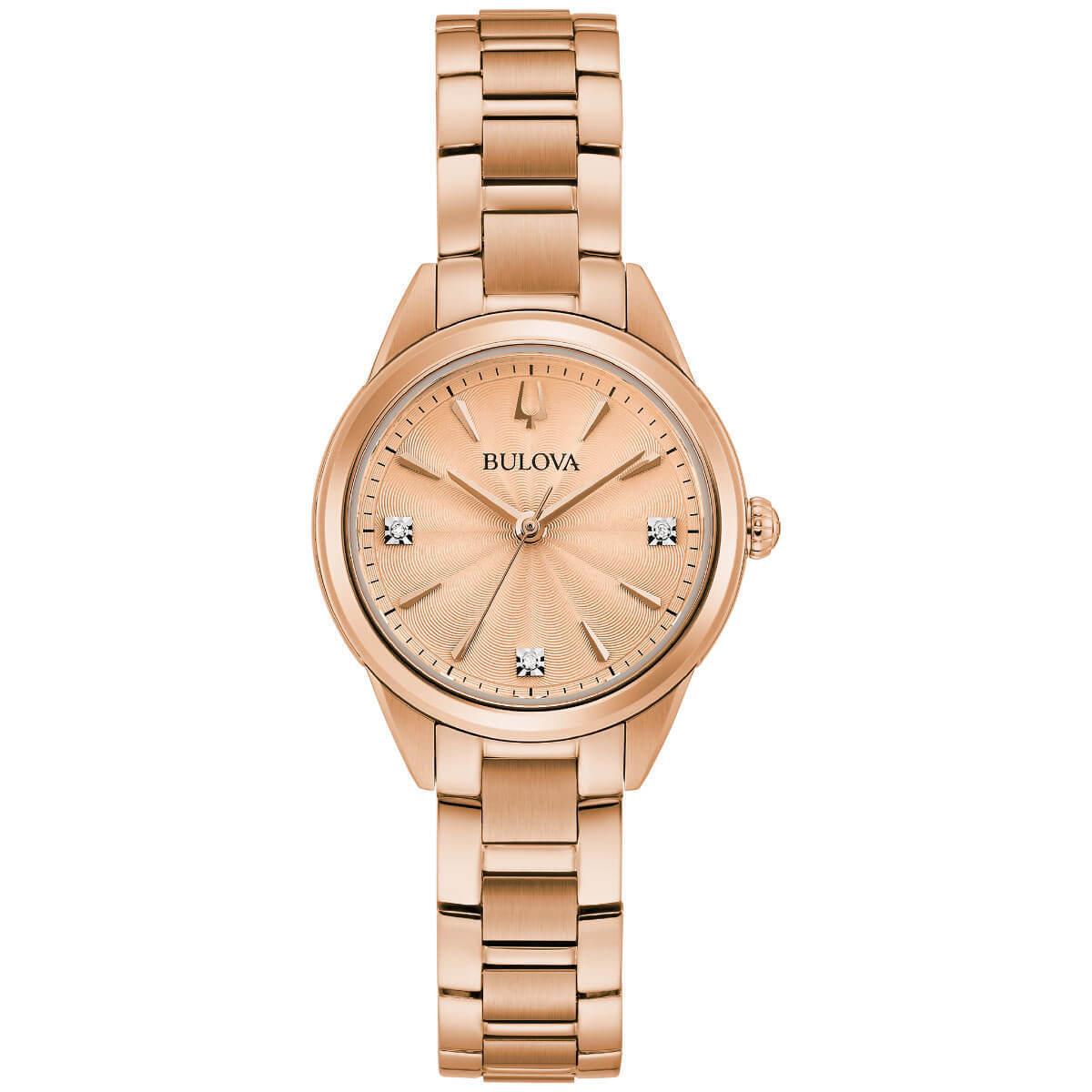 Bulova Women`s Watch Sutton Quartz Diamond Rose Gold Tone Dial Bracelet 97P151 - Dial: Rose Gold, Band: Rose