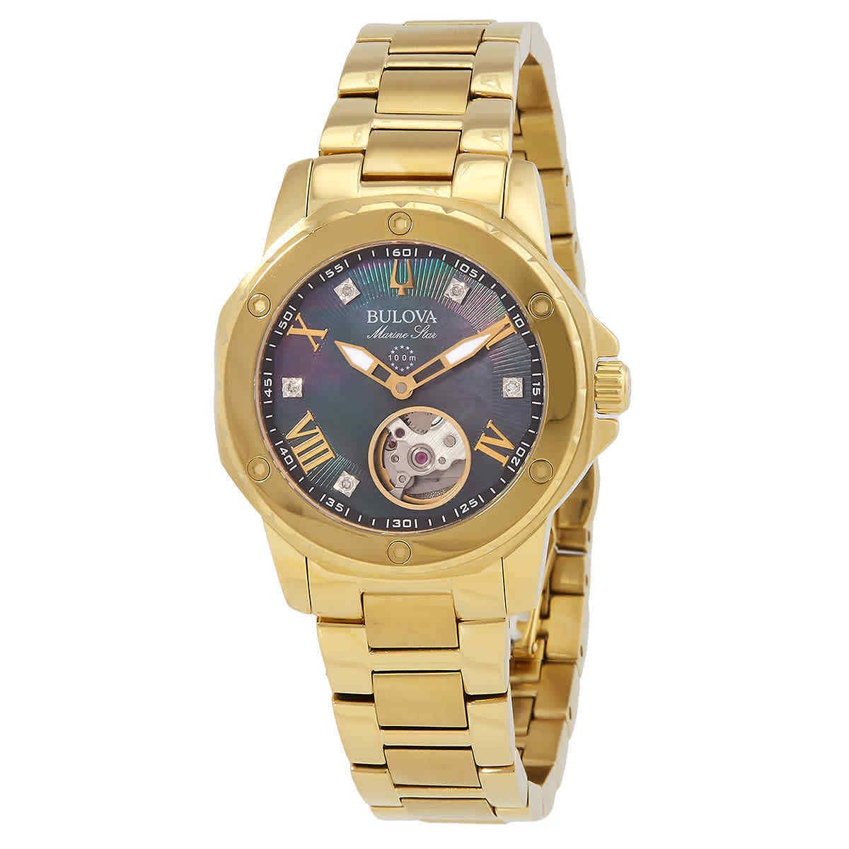 Bulova Series A Automatic Diamond Ladies Watch 97P171 - Dial: Mother of Pearl, Band: Gold-tone, Bezel: Gold-tone