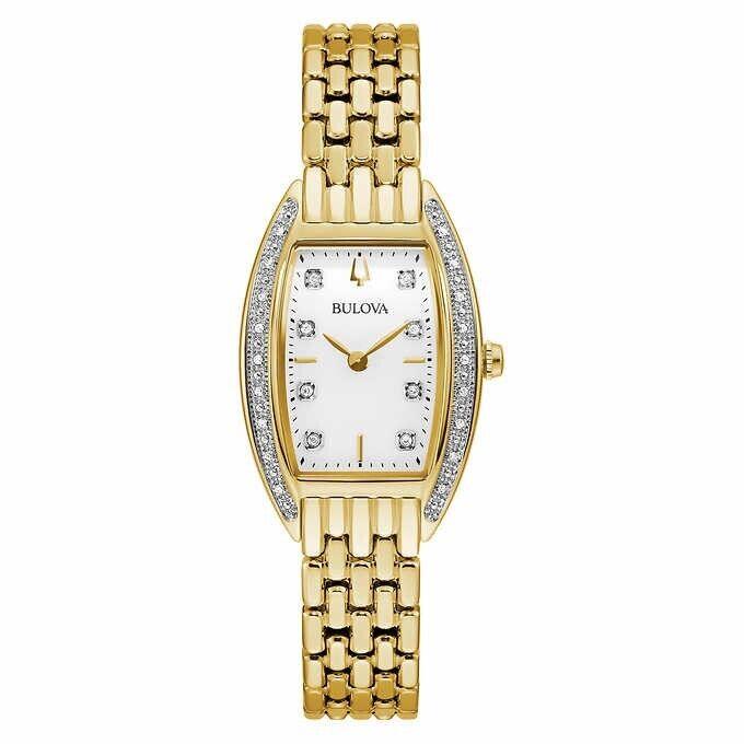 Bulova 98R282 Women`s Tonneau Diamond Accented Gold Tone SS Watch w/ Mop Dial