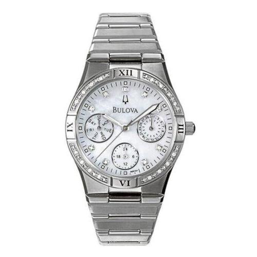 Bulova 96R104 Diamond Ladies SS Silver Watch Chronograph Calendar Mop Dial