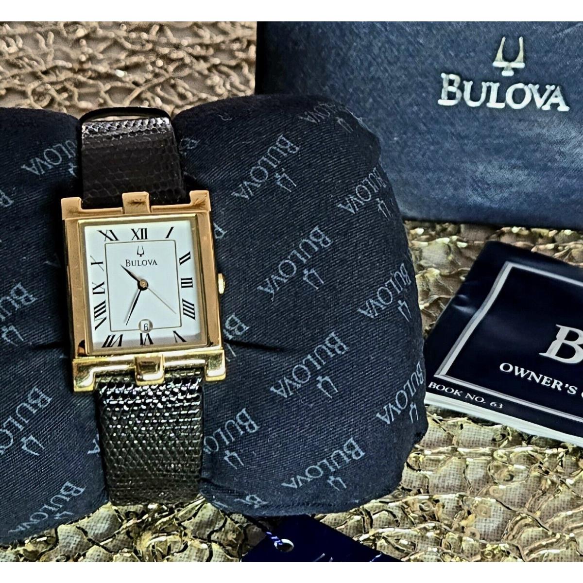 with Packaging Bulova Men`s Woman`s Dress Gold Watch Black Leather Strap