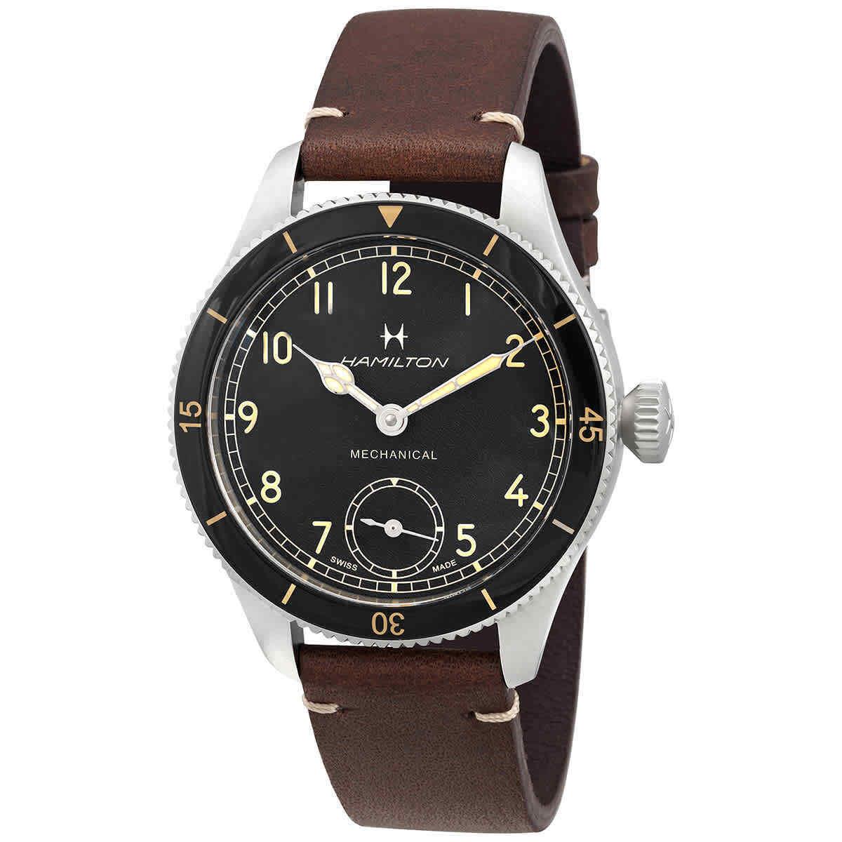 Hamilton Khaki Aviation Hand Wind Black Dial Men`s Watch H76719530 - Dial: Black, Band: Brown, Bezel: Black