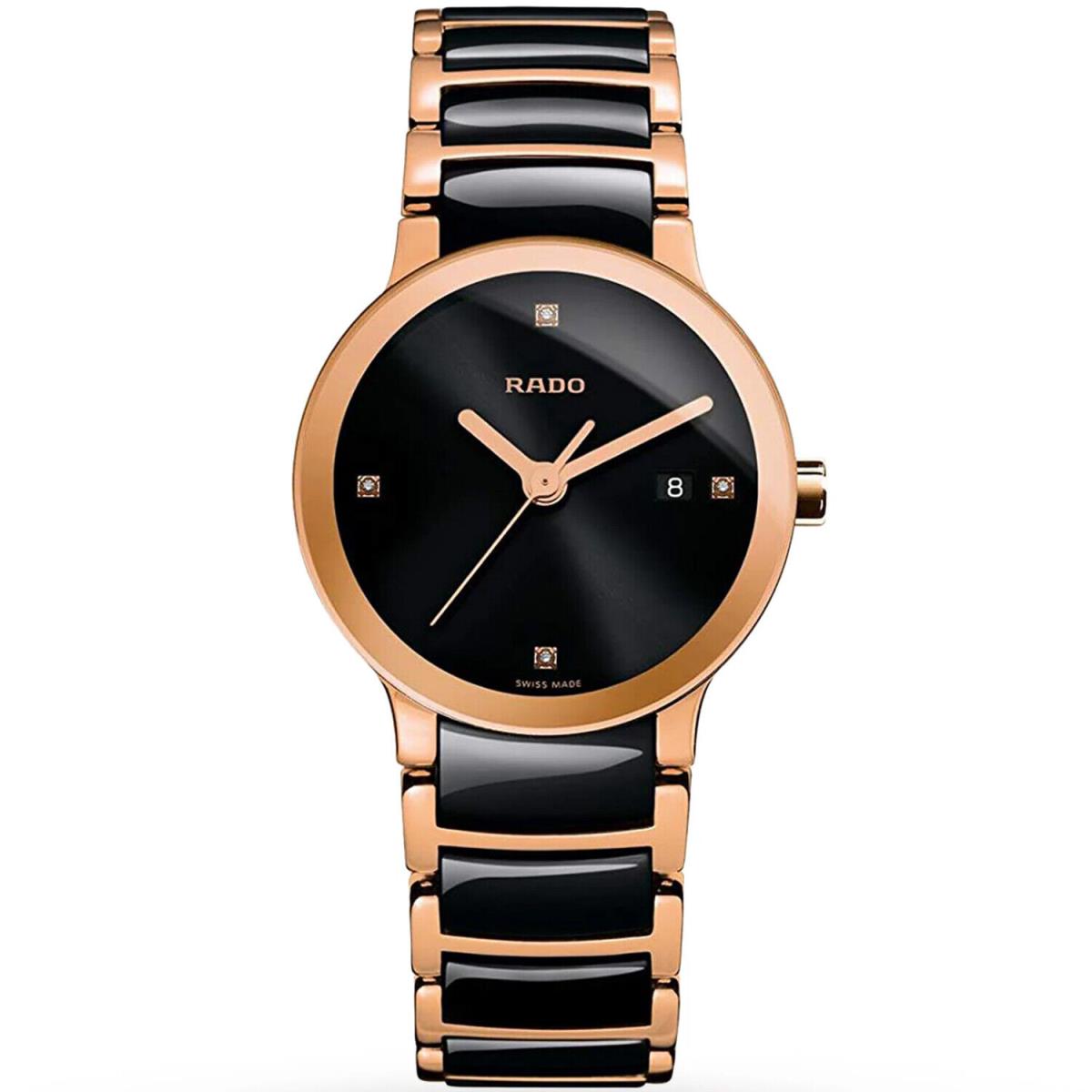 Rado Women`s Centrix Jubile Black Dial Watch - R30555712 - Dial: Black, Band: Gold, Black, Bezel: Gold