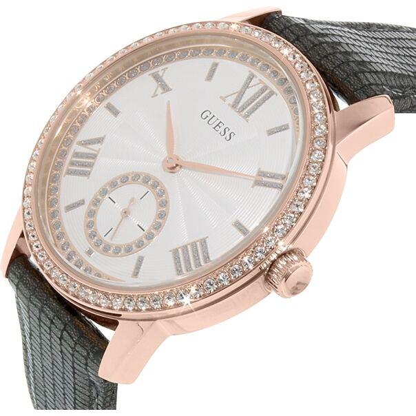 Guess Rose Gold Tone Gray Leather Band Roman S Crystal Glitz WATCH-U0642L3