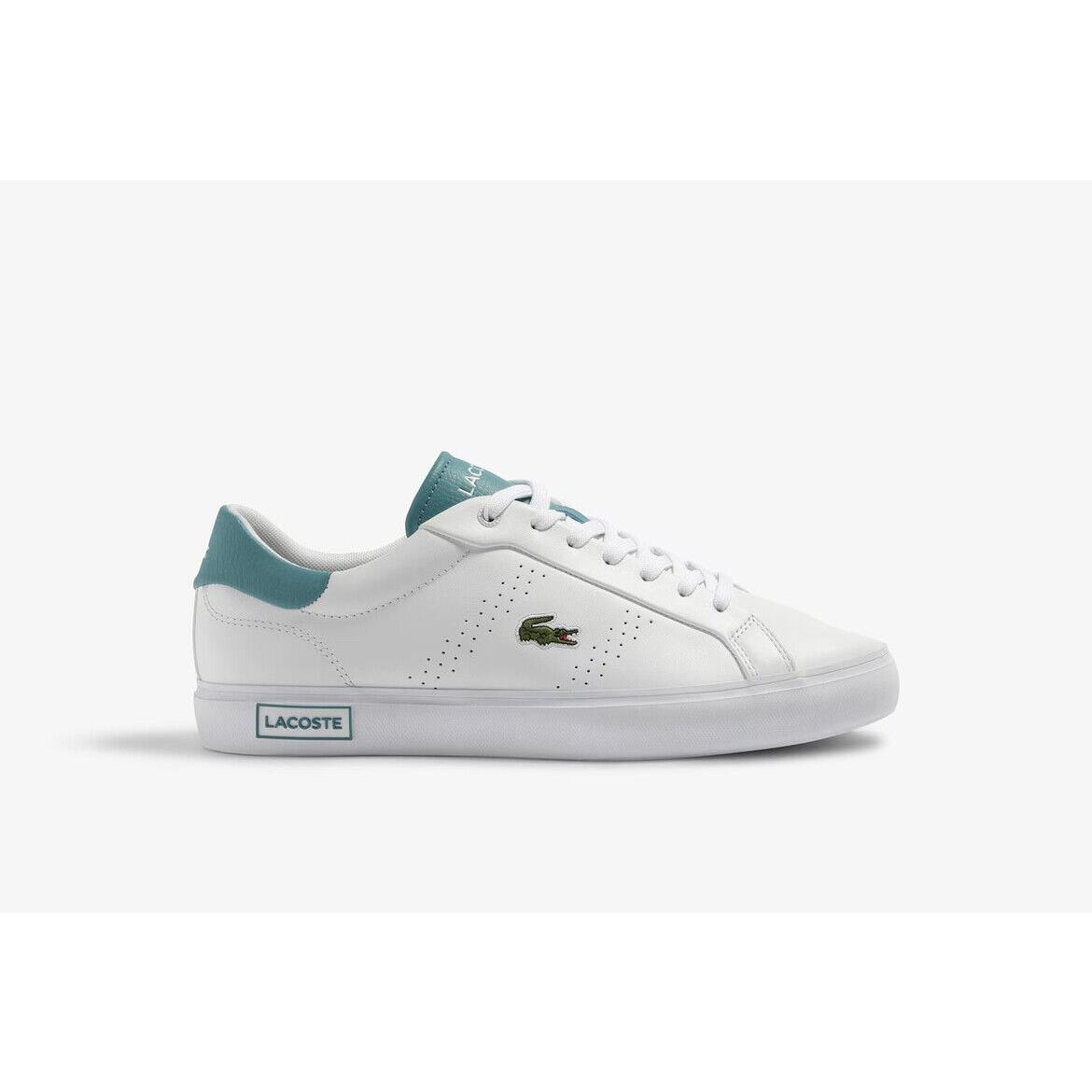 Lacoste Men s Powercourt 2.0 White / Turquoise Leather Sneakers