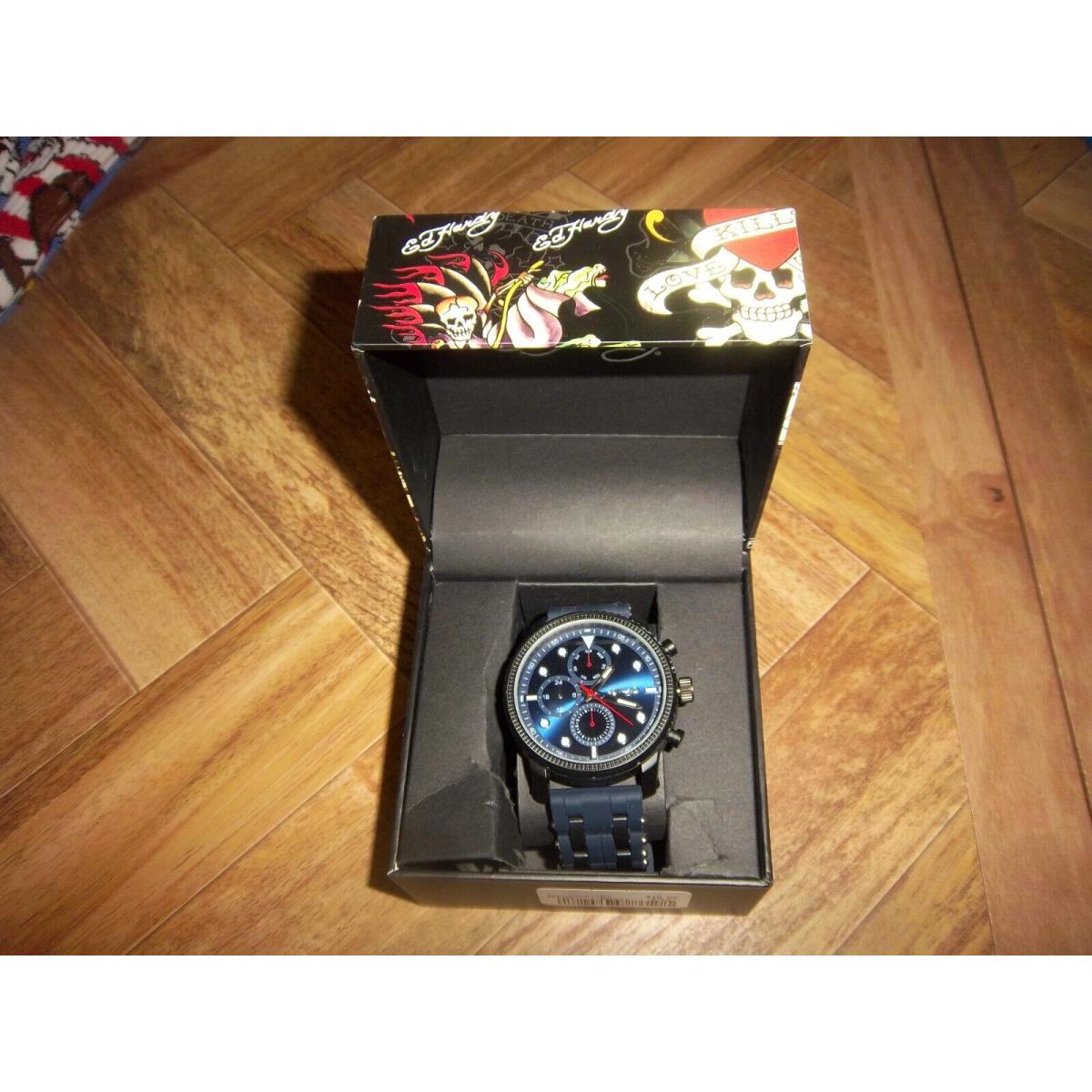 Mens ED Hardy Black/blue Silicone Studded Band Watch