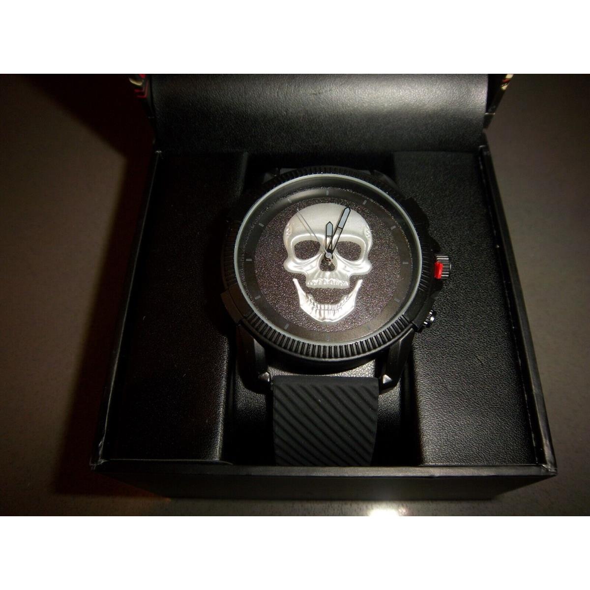 Mens ED Hardy Black/metal Skull Face/black Silicone Band Watch