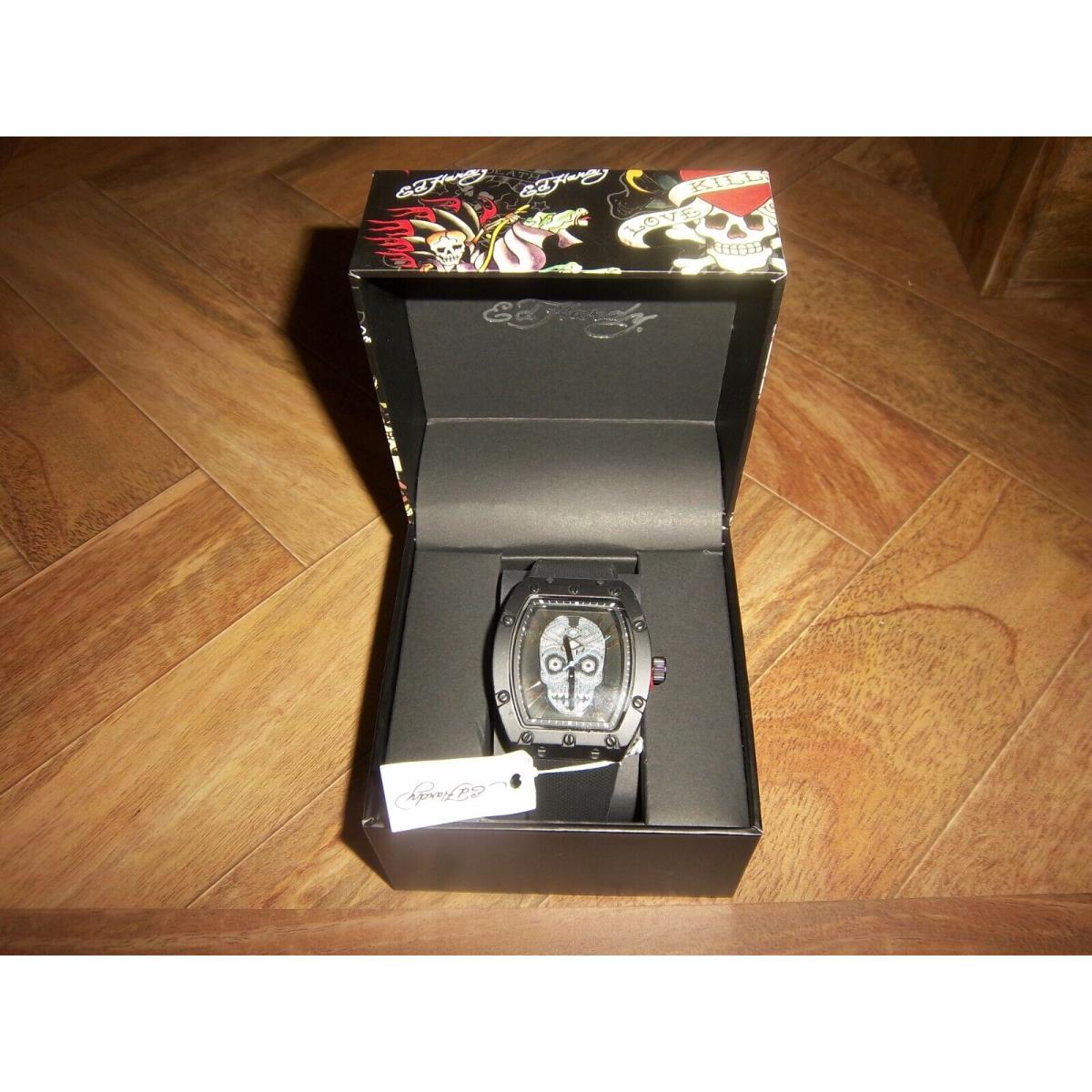 Mens ED Hardy Black/white Skull Face/black Silicone Band Watch