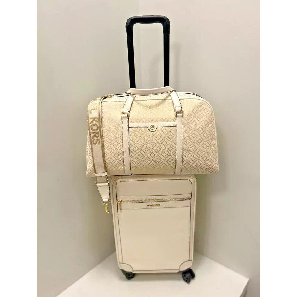 Michael Kors Small Trolley Suitcase Bag + XL Duffle Bag For Travel Trip Getaway LIGHT CREAM