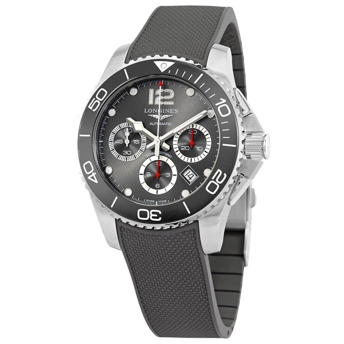 Longines Hydroconquest Automatic Chronograph Rubber Mens Watch L3.883.4.76.9 - Dial: Gray, Band: Gray, Bezel: Silver