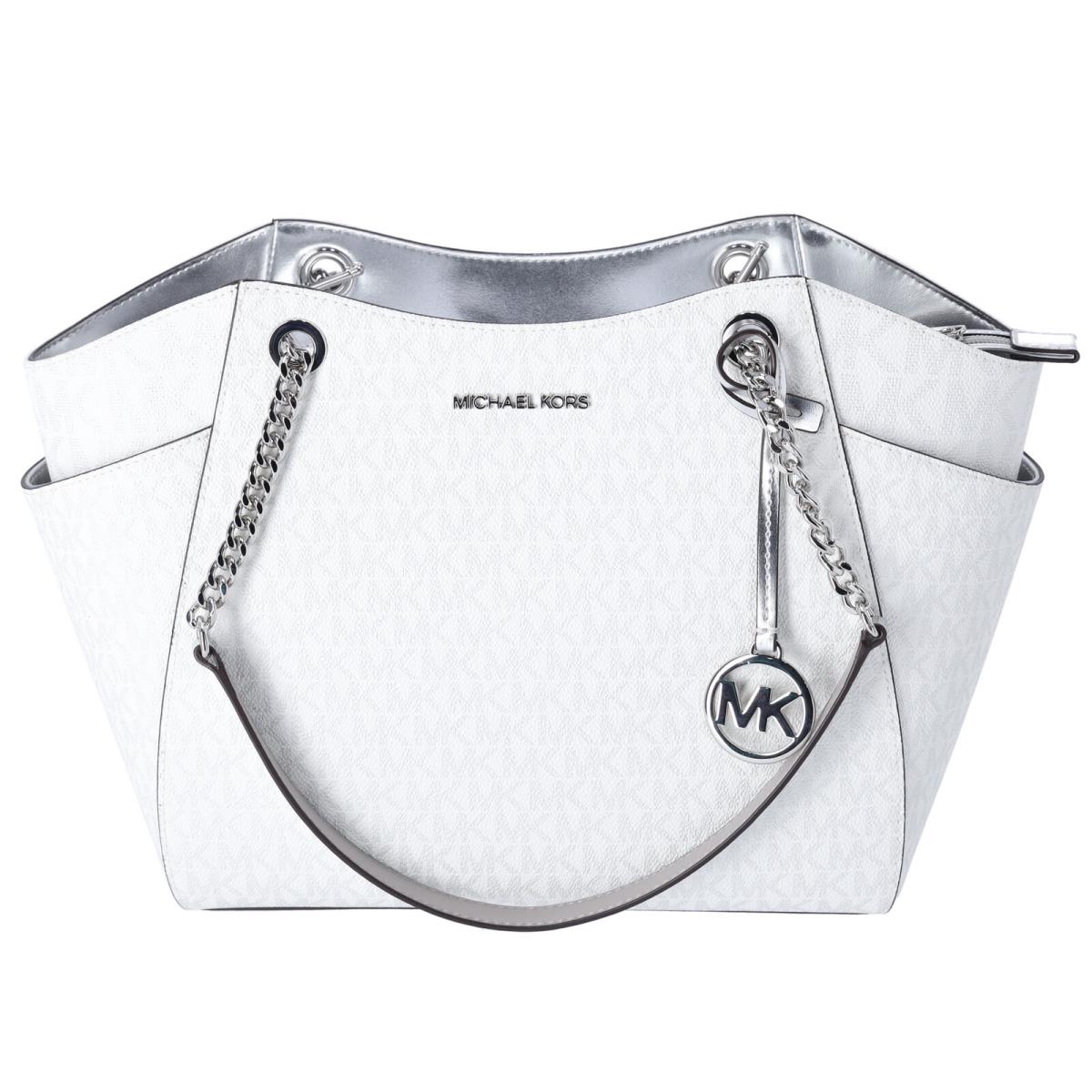 Michael Kors Jet Set Travel Large Chain Shoulder Tote White Silver MK Signature