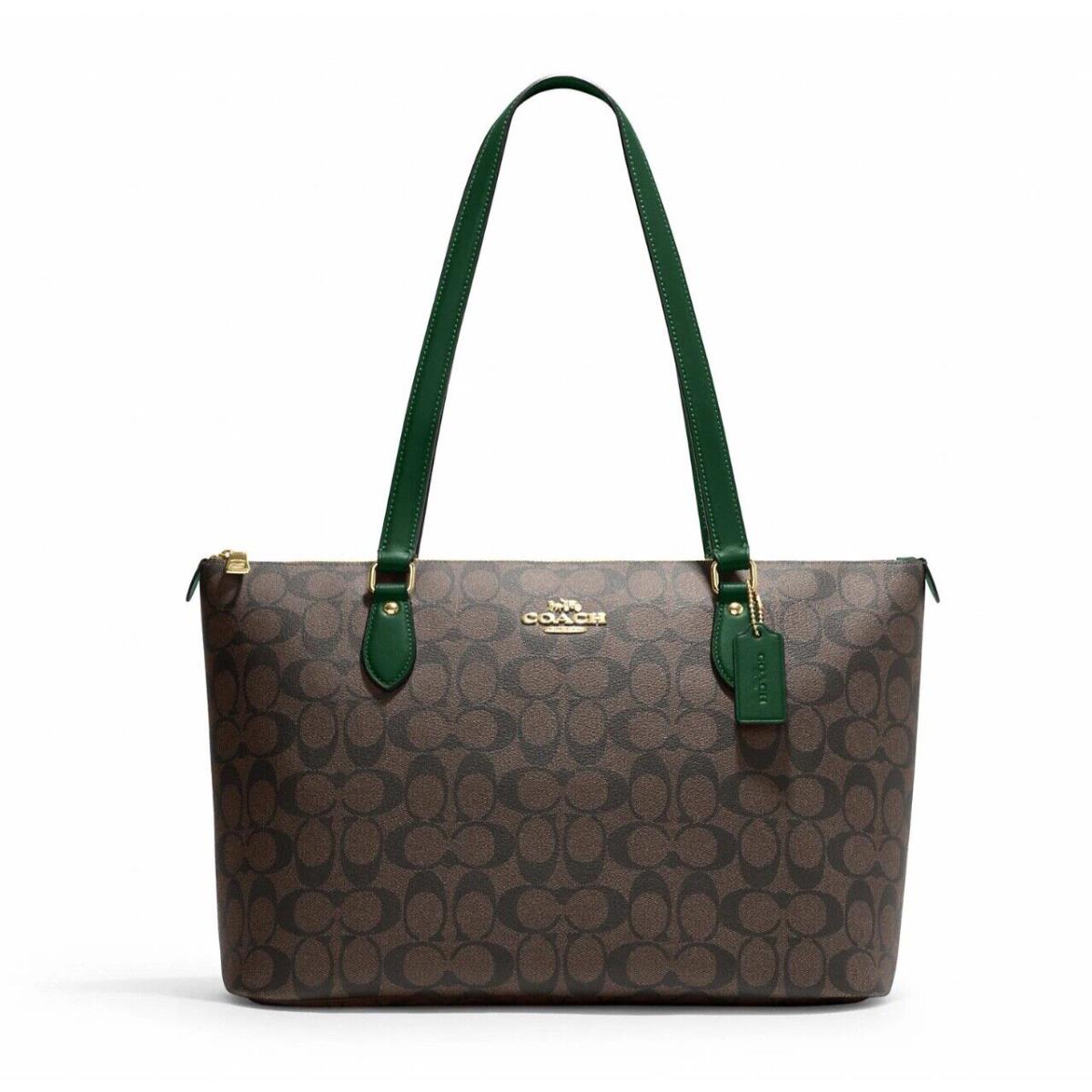 Coach Women`s Gallery Tote Bag In Signature Canvas Brown Dark Pine Green CH504