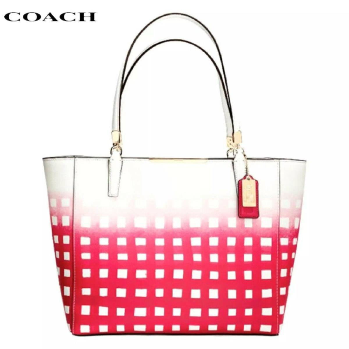 Tag - Coach 30118 Madison Gingham East West Safanio Leather Tote White/pink