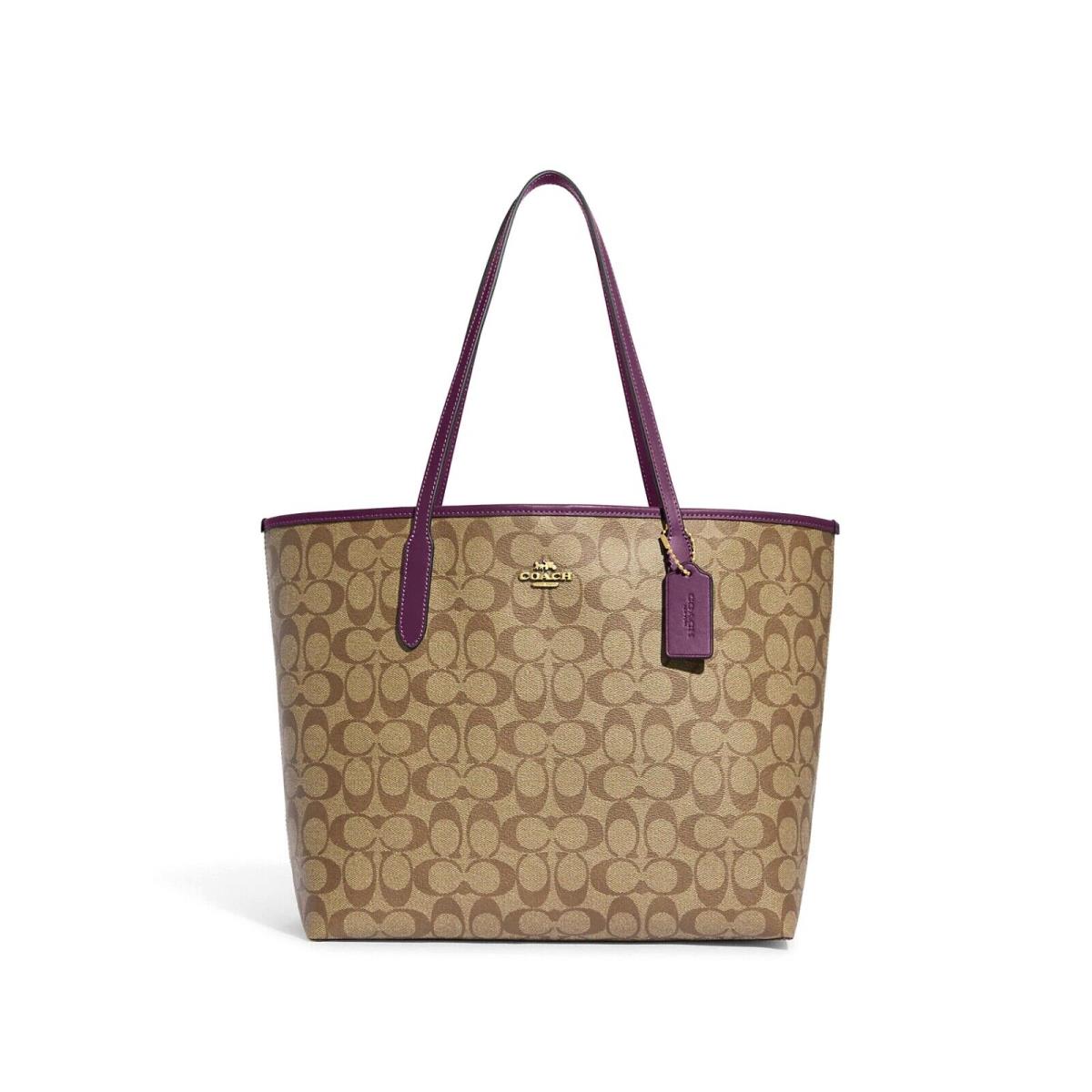 Coach City Tote Bag In Signature Canvas Khaki Boysenberry Purple 5696