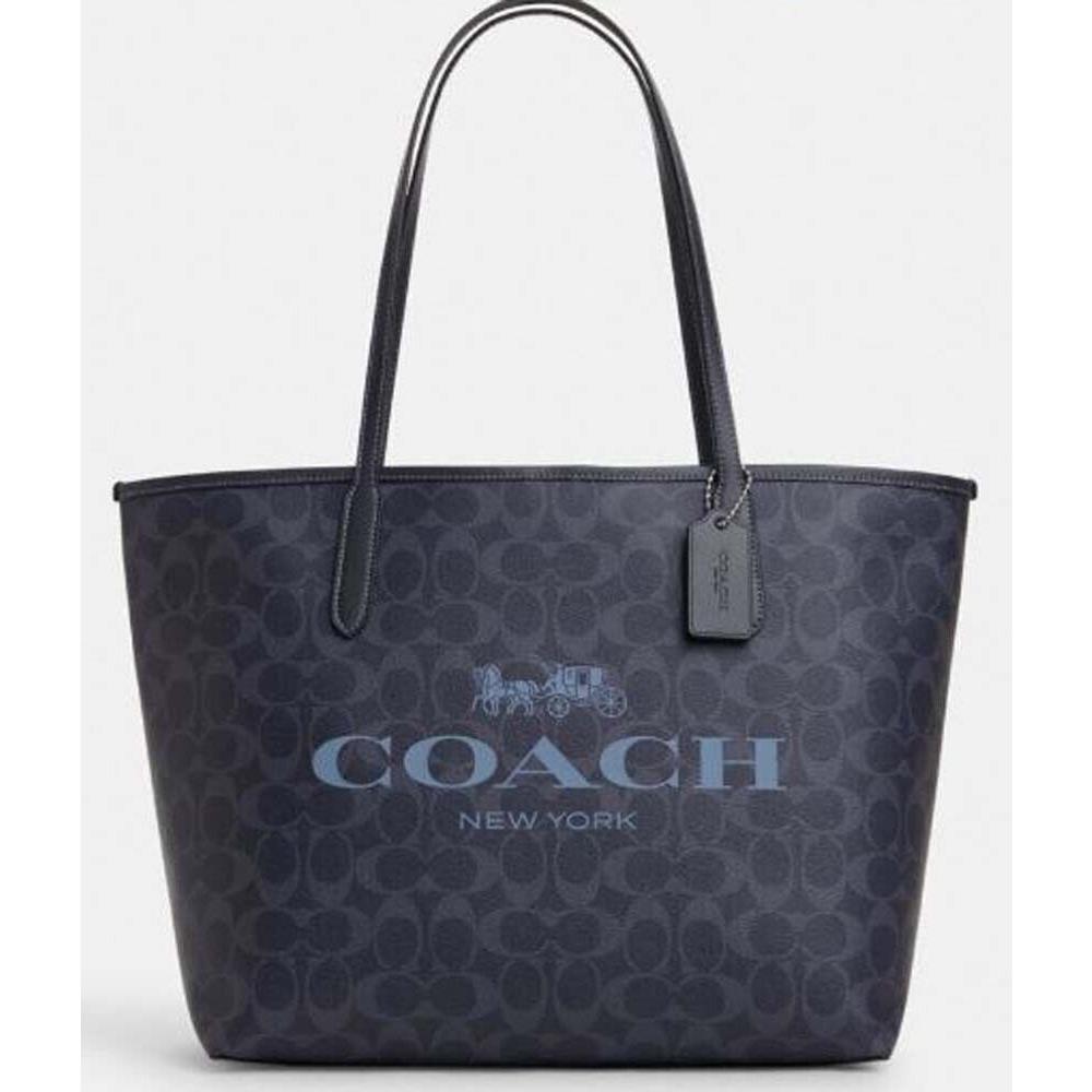 Coach Denim Midnight Navy Canvas Leather Signature City Tote Bag CP074