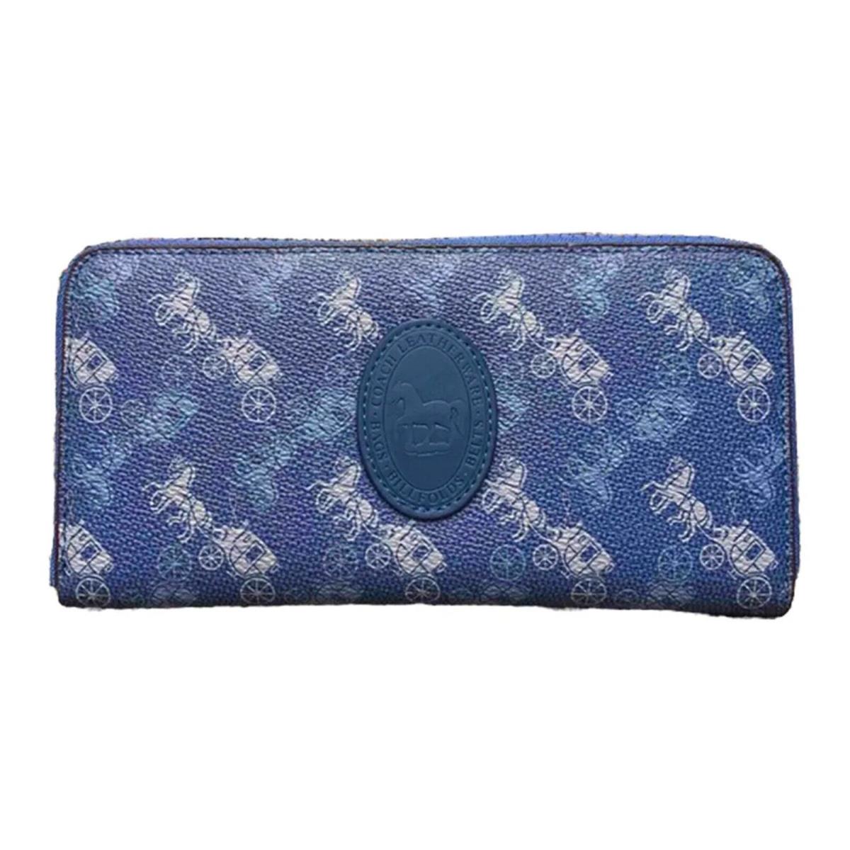 Coach Accordion Zipper Around Wallet Leather Horse Carriage Card Wallets Blue NW