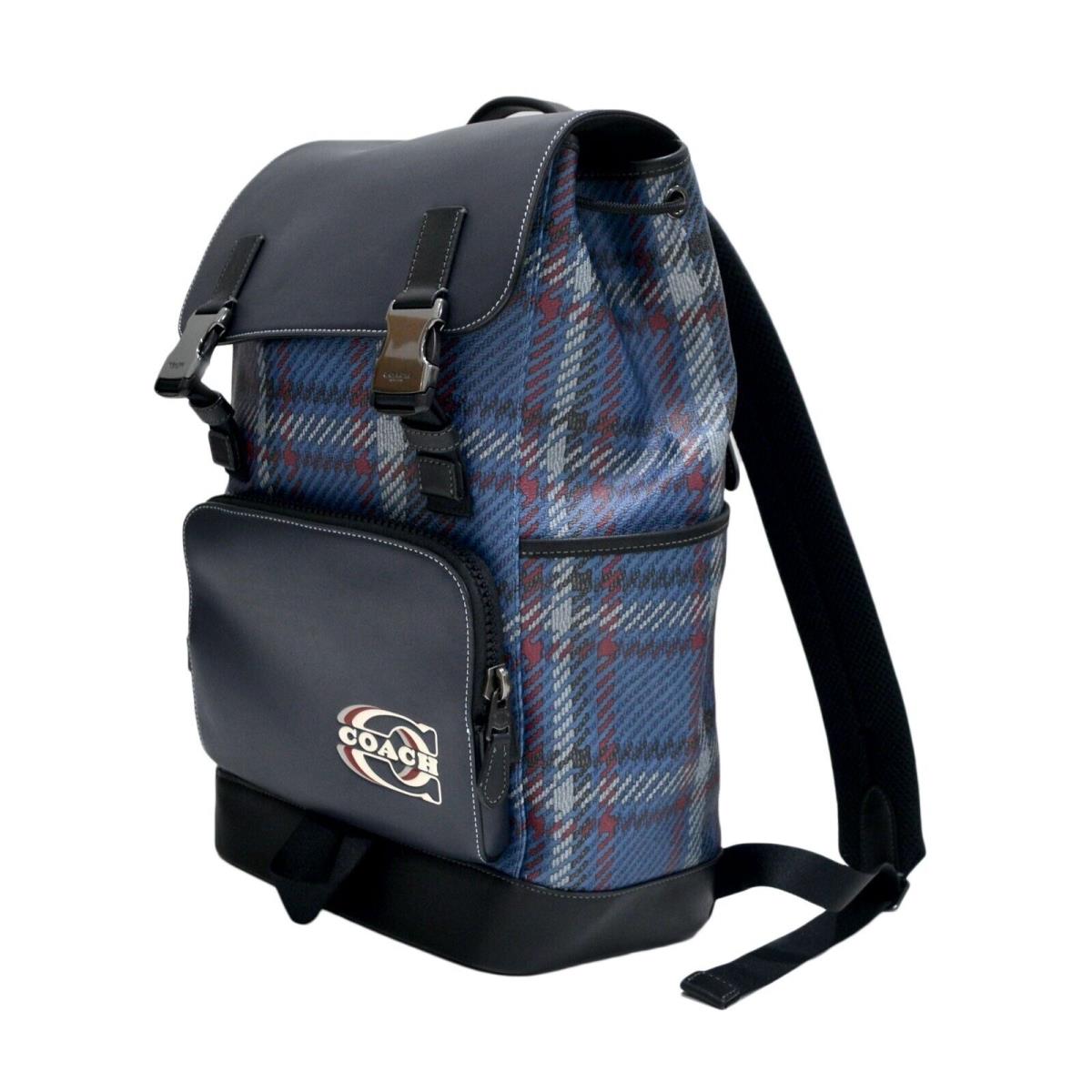 Coach Track Plaid Print Backpack Leather Coach Stamp Pockets Adjustable