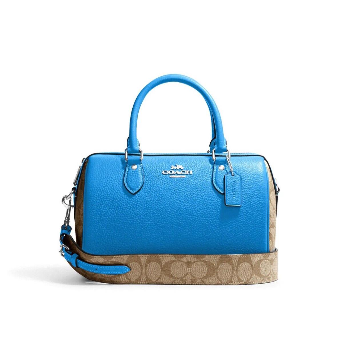 Coach Women`s Leather Rowan Satchel In Signature Canvas Khaki Racer Blue CJ592