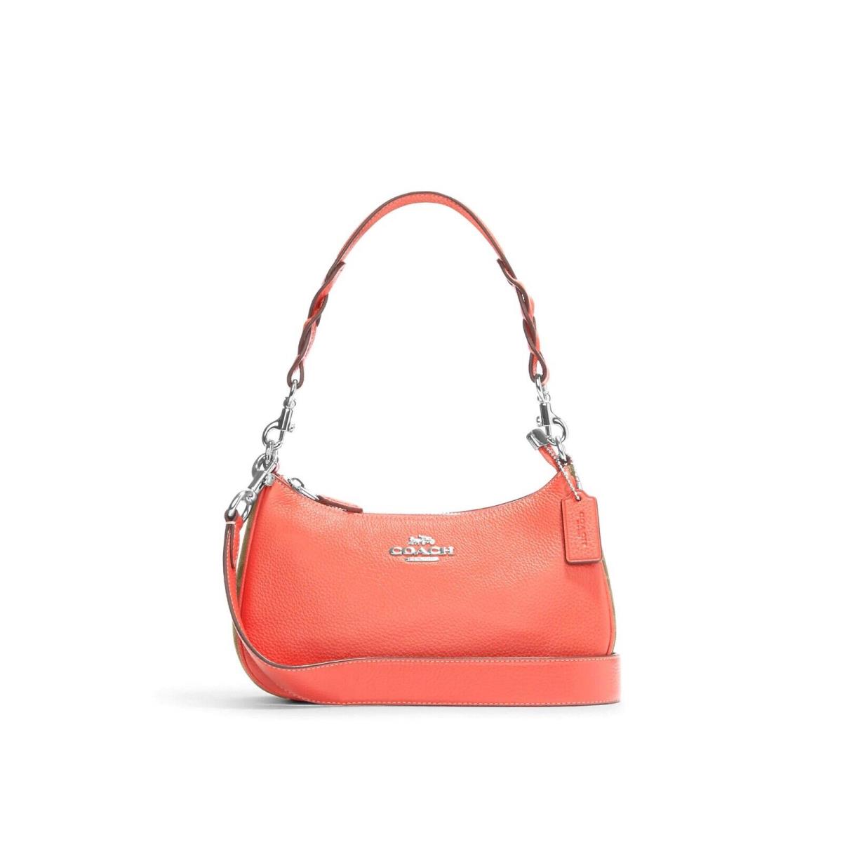 Coach Leather Teri Shoulder Bag In Signature Canvas Khaki Tangerine CJ590