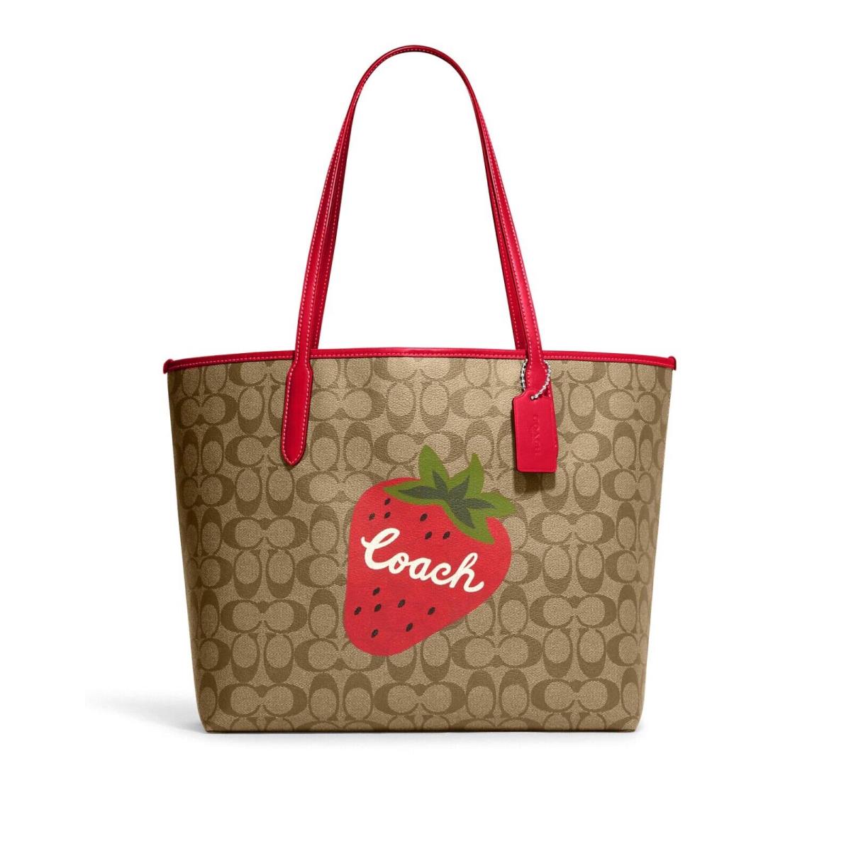 Coach City Tote Bag In Signature Canvas with Wild Strawberry Khaki Red CH329