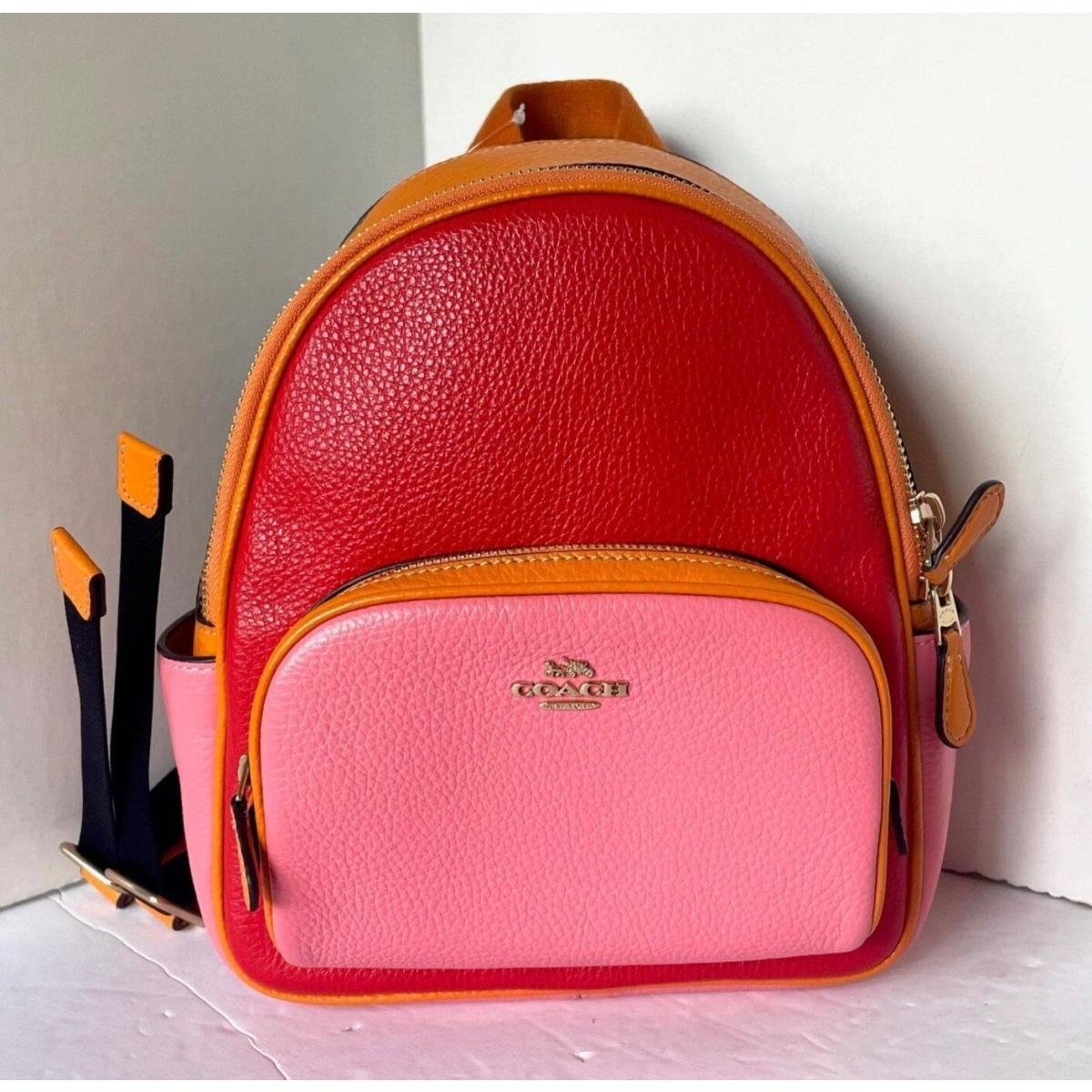 Coach Mini Court Backpack Colorblock Leather Small Bag Red Pink Orange CA150