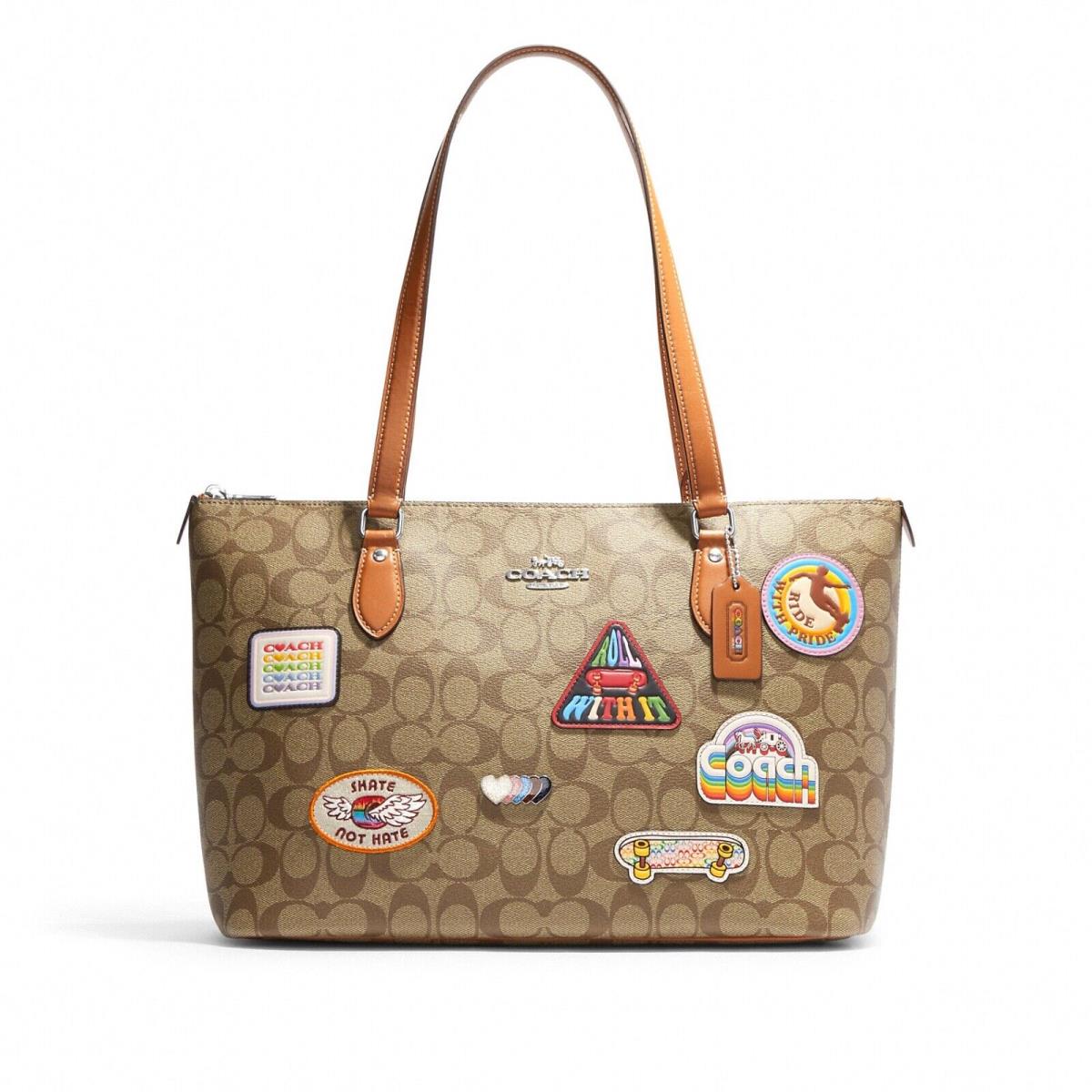 Coach Gallery Tote In Signature Canvas with Pride Patches Khaki Multi CJ603