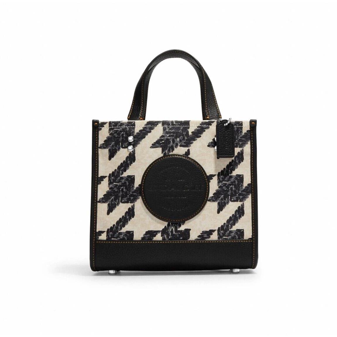 Coach Dempsey Medium Tote 22 with Houndstooth Print and Patch Cream Black CJ623