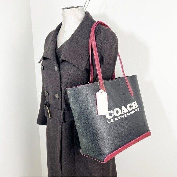 Coach Kia Leather Tote Bag In Colorblock - Black Maroon