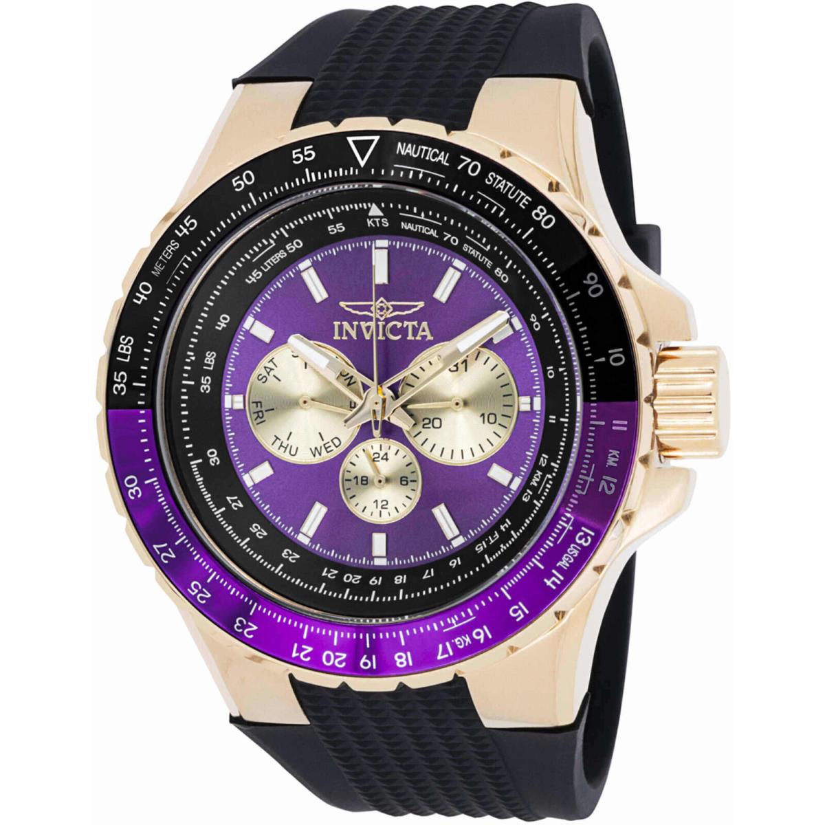 Invicta Men`s Watch Aviator Chronograph Purple and Gold Tone Dial Strap 44613 - Dial: Purple, Gold, Band: Black