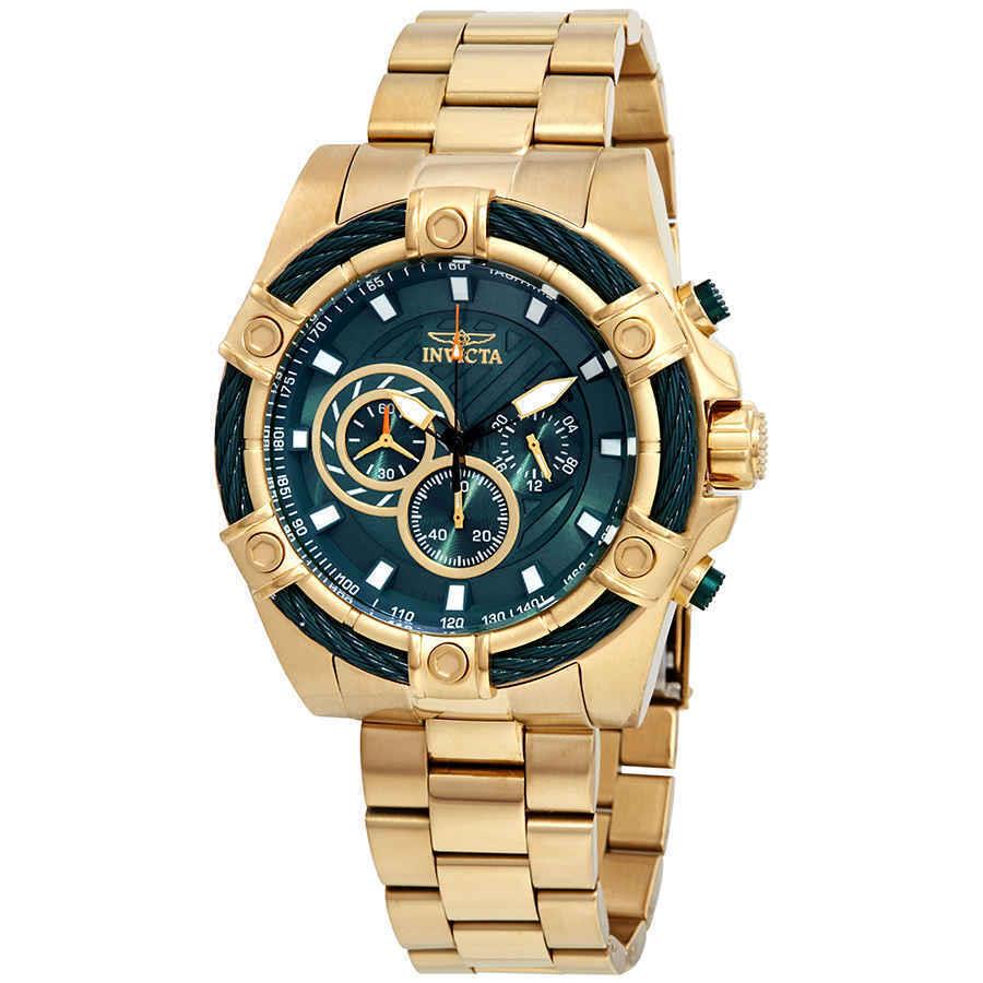 Invicta Bolt Chronograph Green Dial Men`s Watch 25517 - Dial: Green, Band: Yellow Gold-plated, Bezel: Yellow Gold-plated